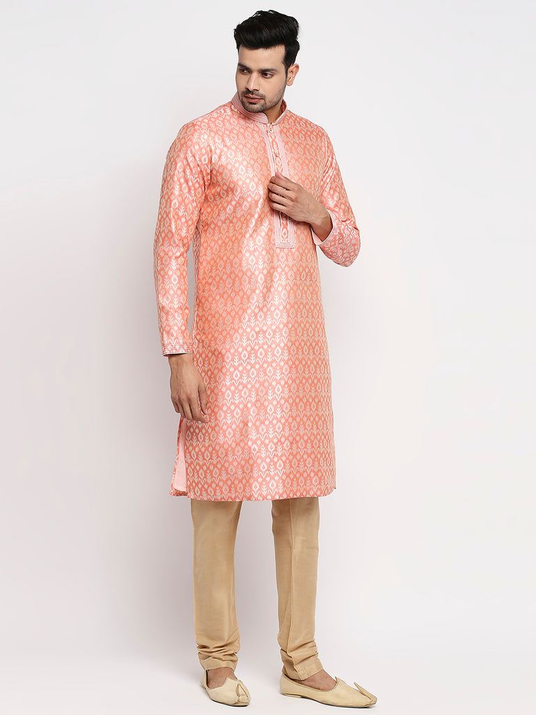 Men's Peach Polyester Embroidered Kurta