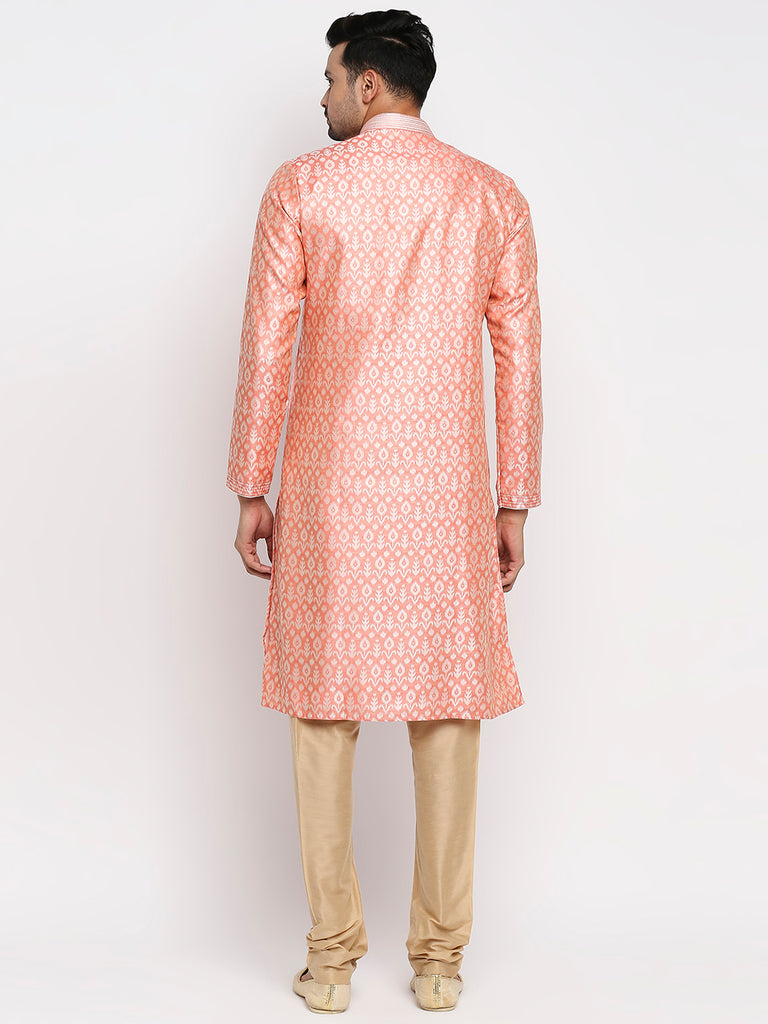 Men's Peach Polyester Embroidered Kurta