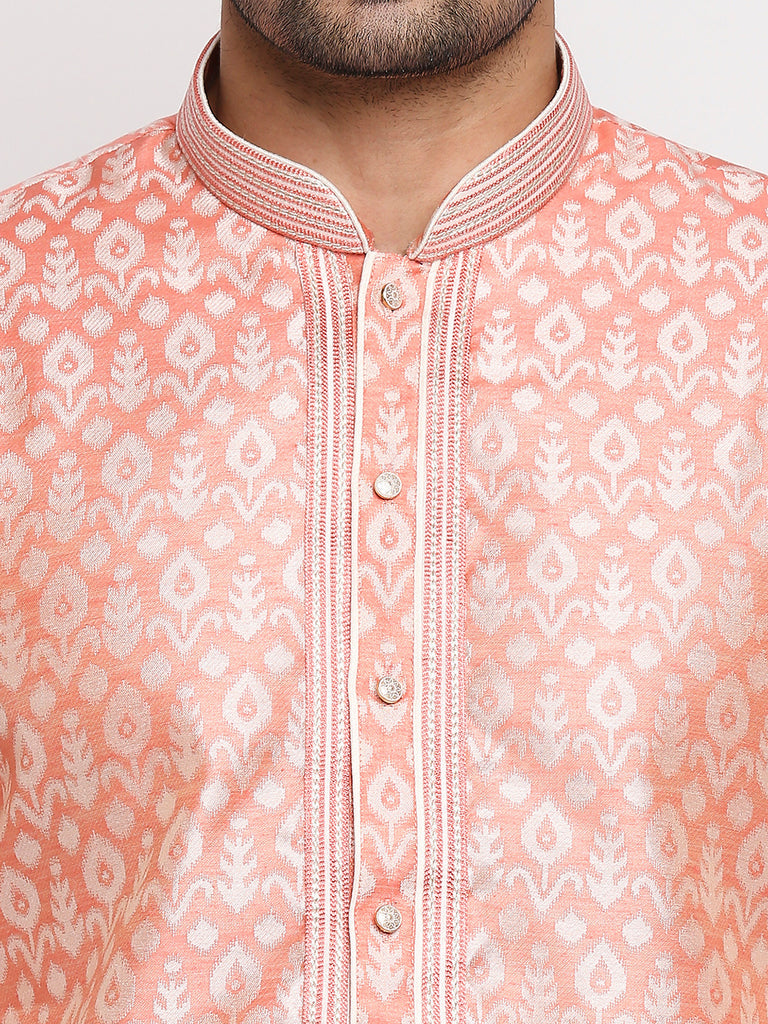 Men's Peach Polyester Embroidered Kurta