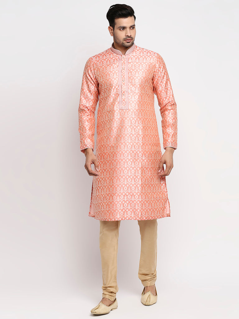 Men's Peach Polyester Embroidered Kurta