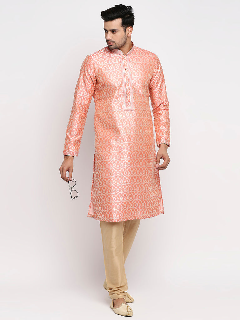 Men's Peach Polyester Embroidered Kurta