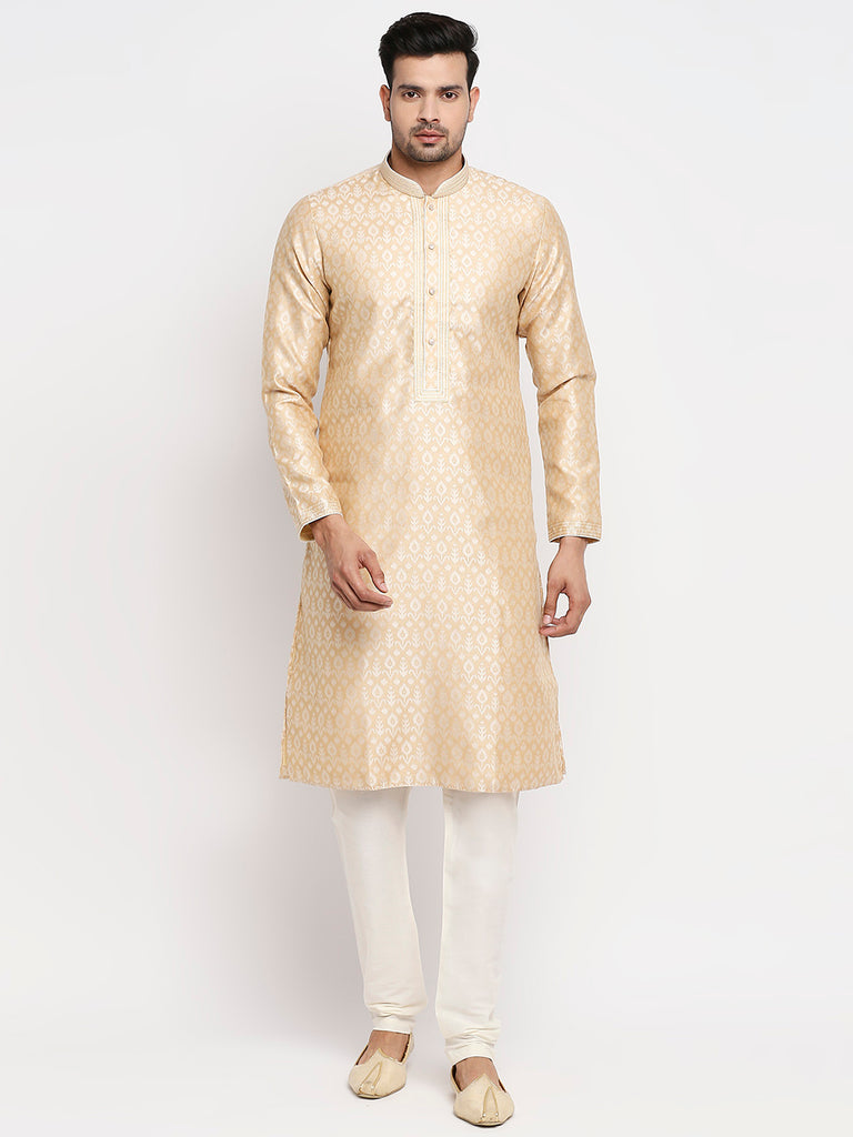 Men's Beige Polyester Embroidered Kurta