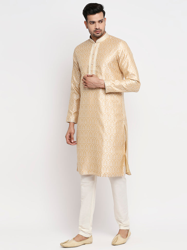 Men's Beige Polyester Embroidered Kurta
