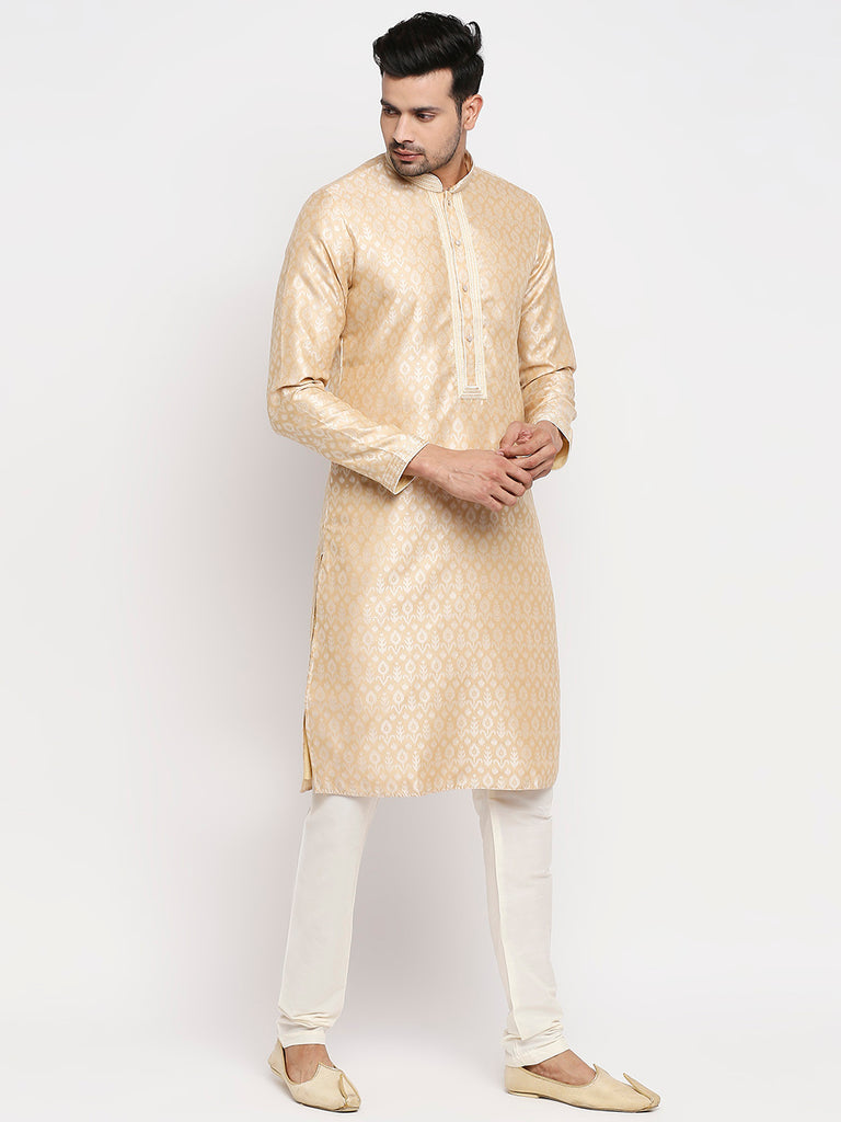Men's Beige Polyester Embroidered Kurta