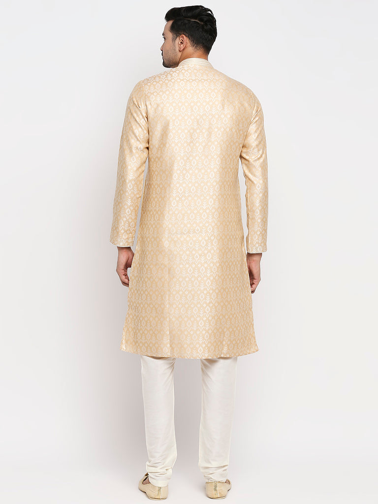 Men's Beige Polyester Embroidered Kurta