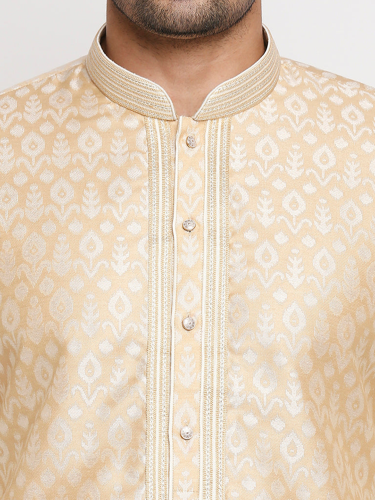 Men's Beige Polyester Embroidered Kurta