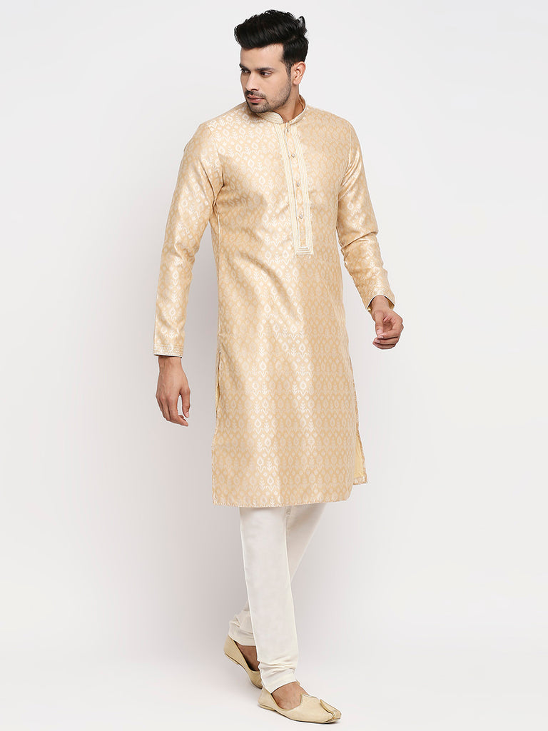 Men's Beige Polyester Embroidered Kurta