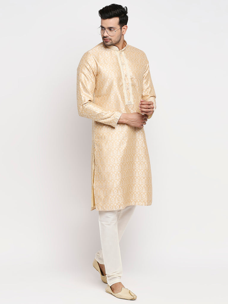 Men's Beige Polyester Embroidered Kurta