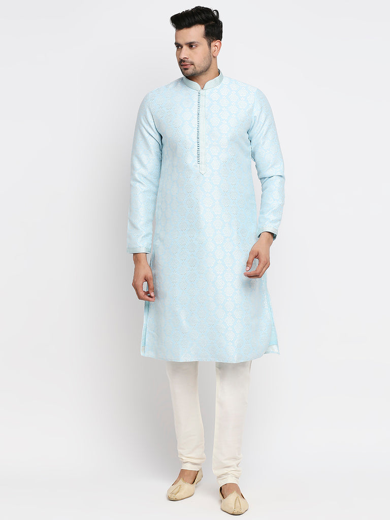 Men's Sky Blue Polyester Embroidered Kurta