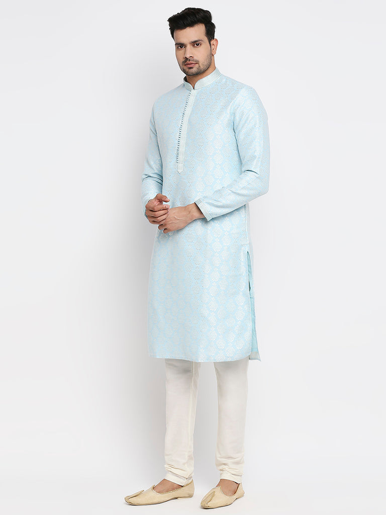 Men's Sky Blue Polyester Embroidered Kurta