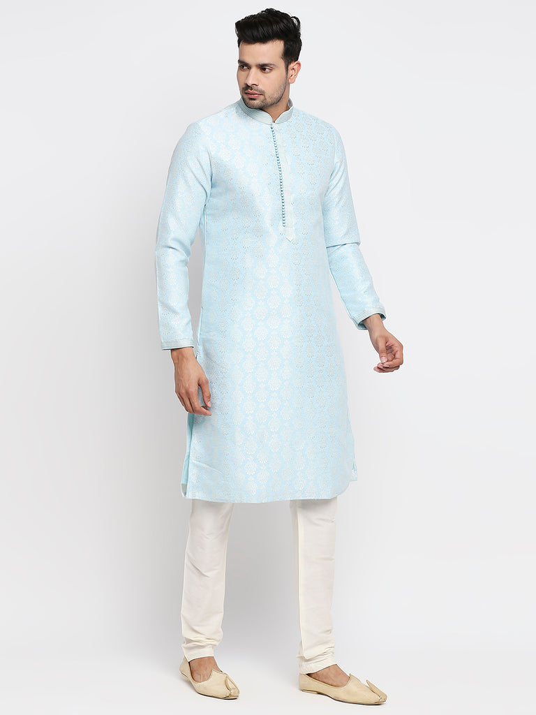 Men's Sky Blue Polyester Embroidered Kurta
