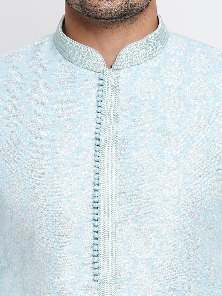 Men's Sky Blue Polyester Embroidered Kurta
