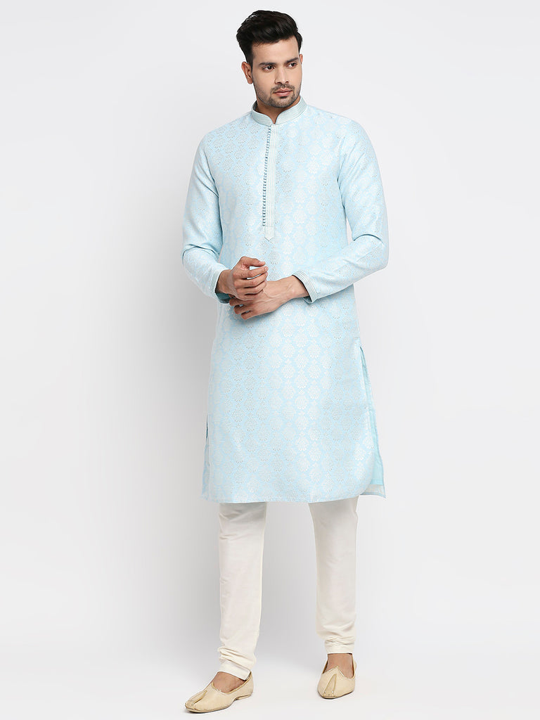 Men's Sky Blue Polyester Embroidered Kurta