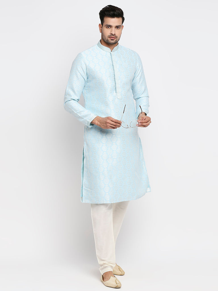 Men's Sky Blue Polyester Embroidered Kurta