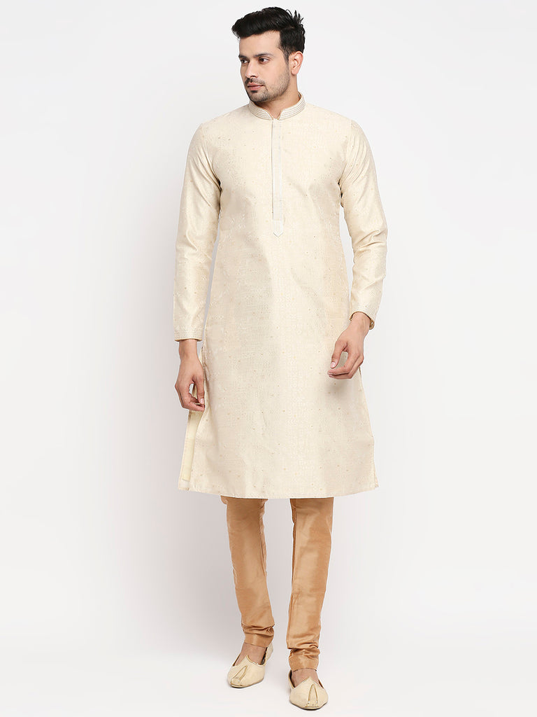 Men's Cream Polyester Embroidered Kurta
