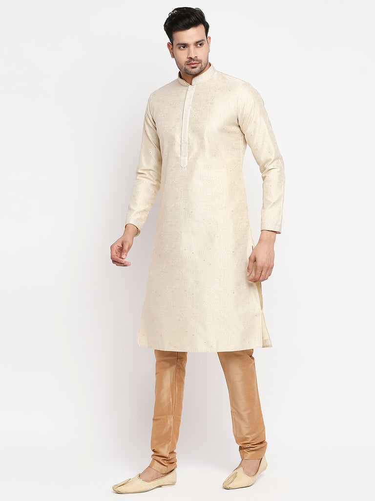 Men's Cream Polyester Embroidered Kurta