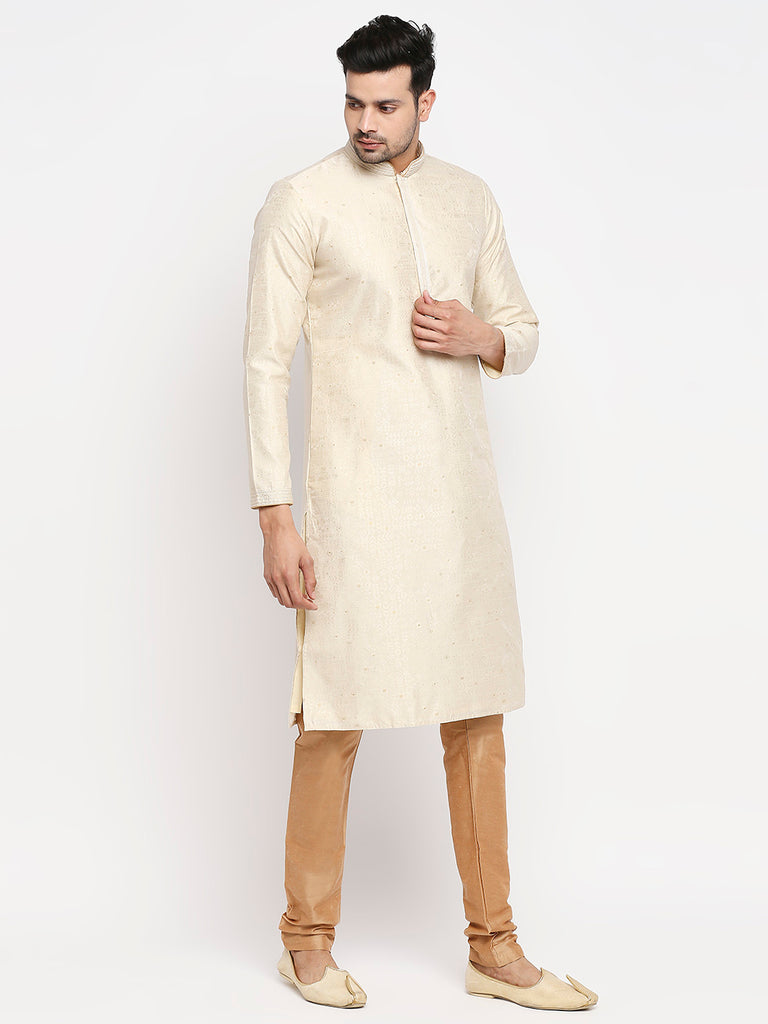 Men's Cream Polyester Embroidered Kurta