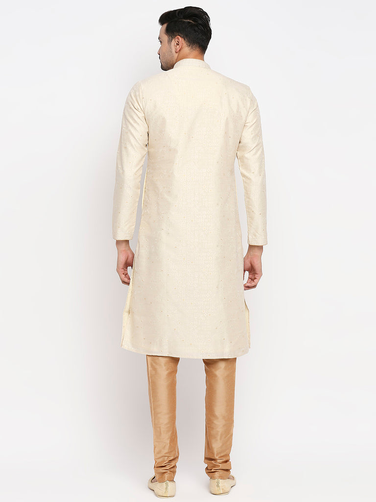 Men's Cream Polyester Embroidered Kurta