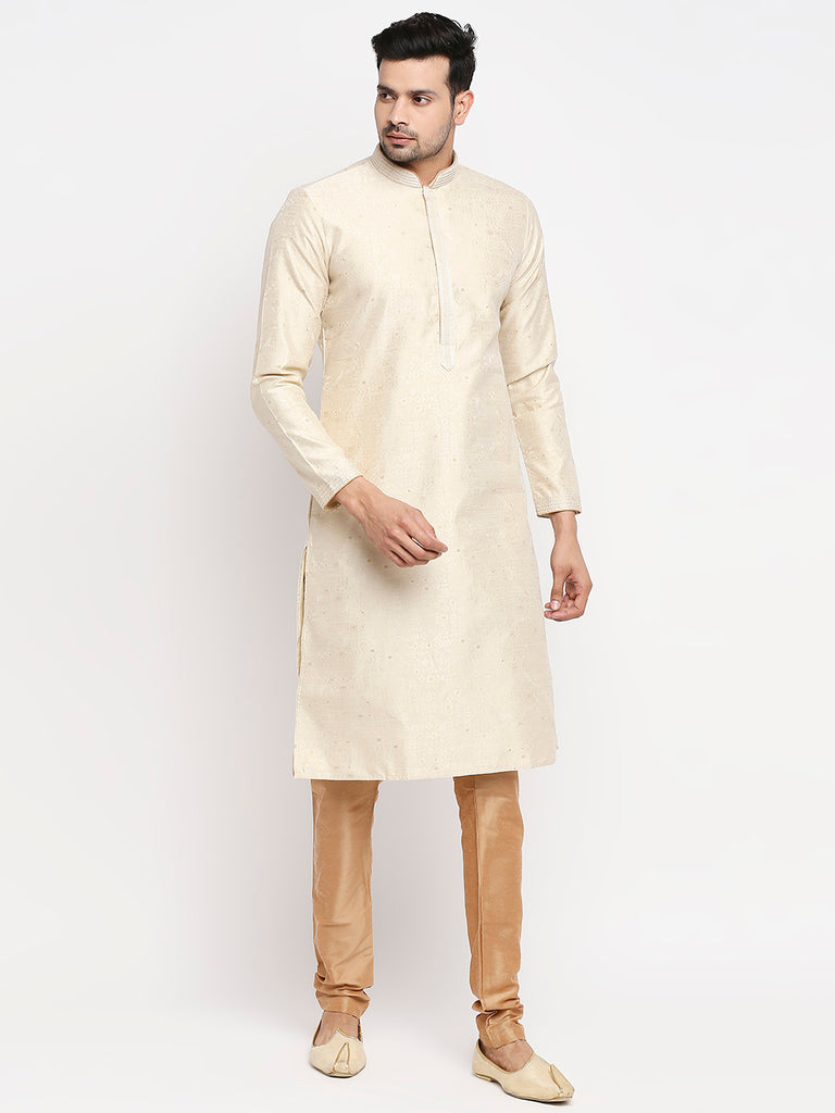 Men's Cream Polyester Embroidered Kurta