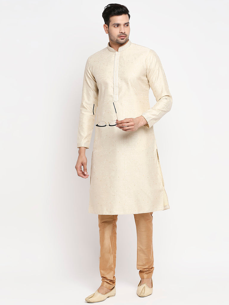 Men's Cream Polyester Embroidered Kurta