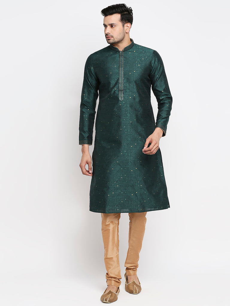 Men's Bottle Green Polyester Embroidered Kurta