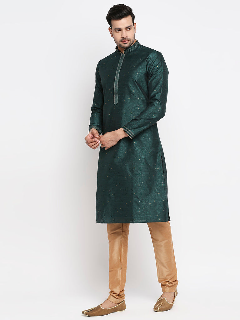 Men's Bottle Green Polyester Embroidered Kurta