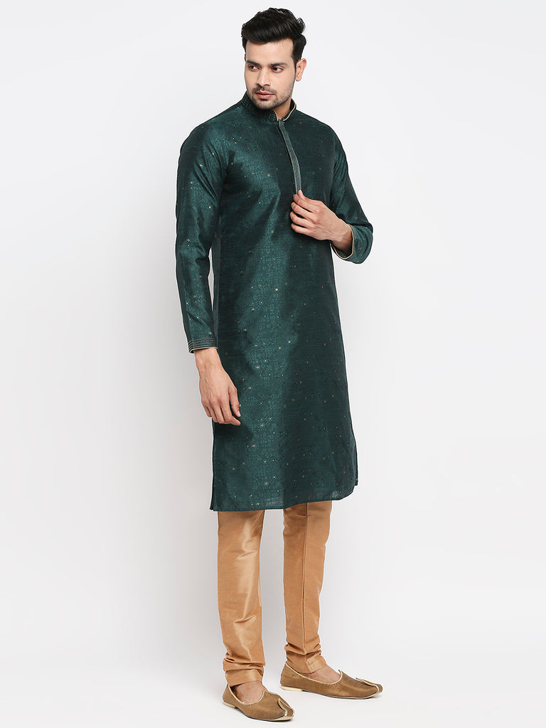 Men's Bottle Green Polyester Embroidered Kurta