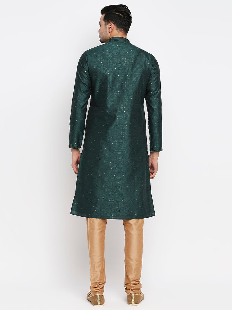 Men's Bottle Green Polyester Embroidered Kurta