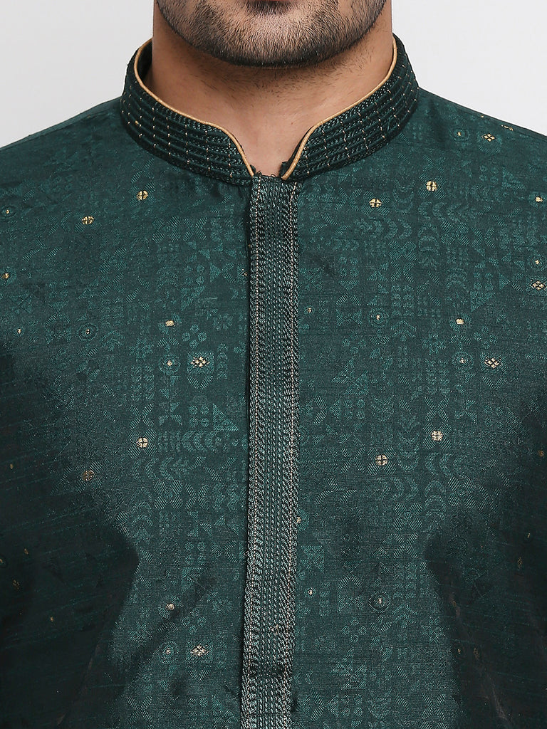 Men's Bottle Green Polyester Embroidered Kurta