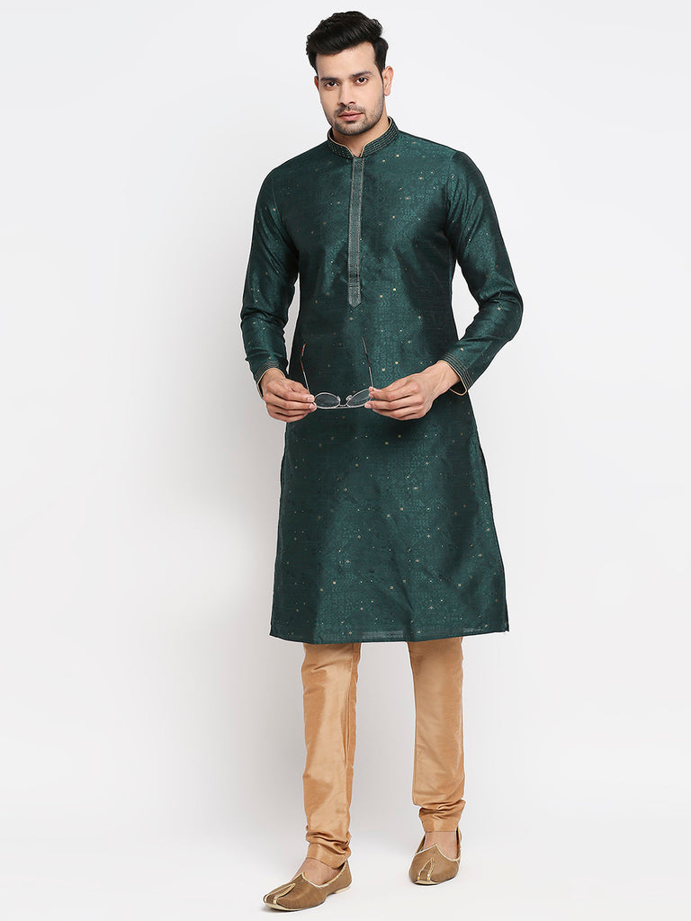 Men's Bottle Green Polyester Embroidered Kurta