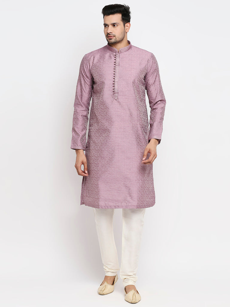 Men's Lavender Polyester Embroidered Kurta