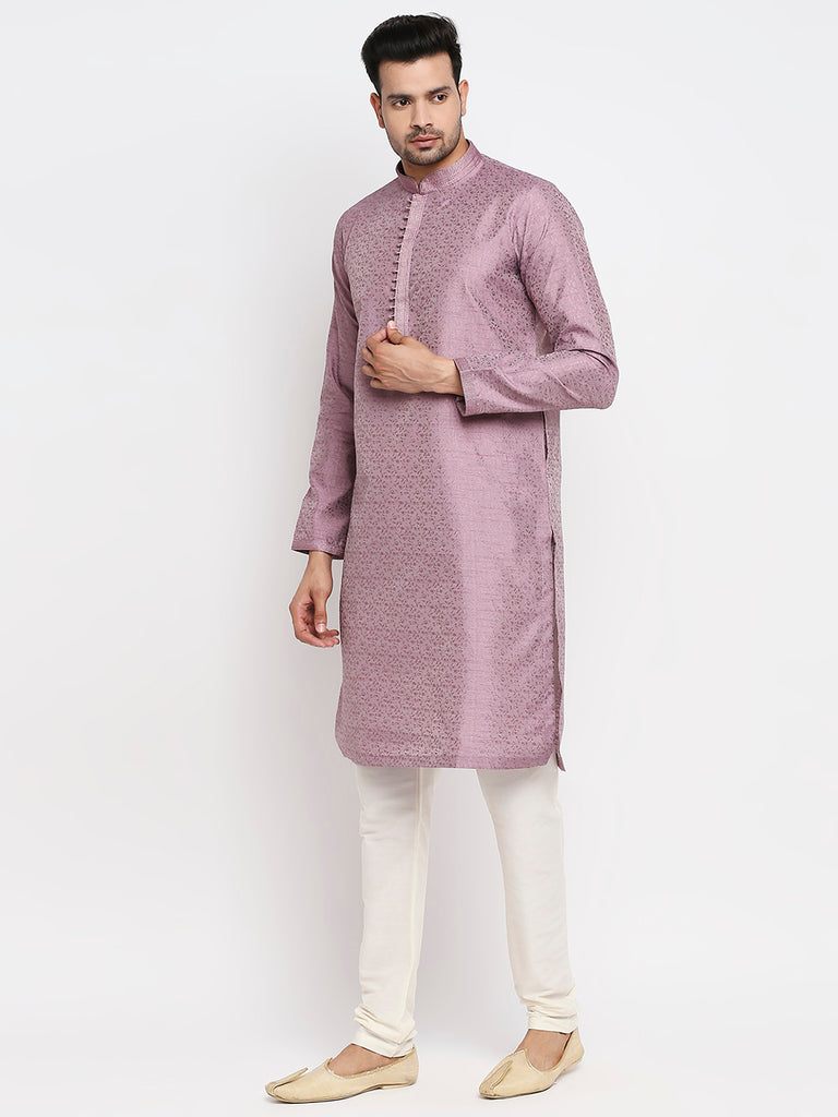 Men's Lavender Polyester Embroidered Kurta