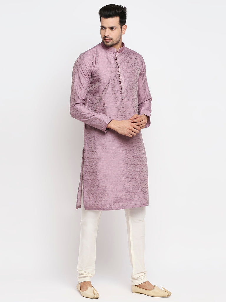 Men's Lavender Polyester Embroidered Kurta