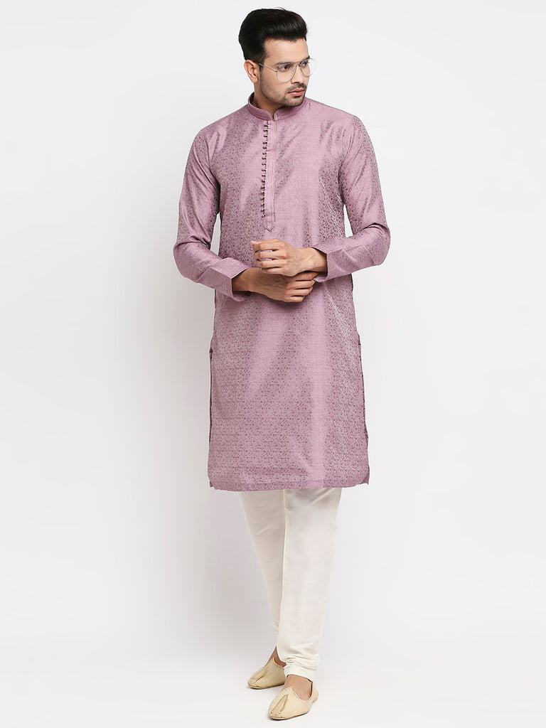 Men's Lavender Polyester Embroidered Kurta
