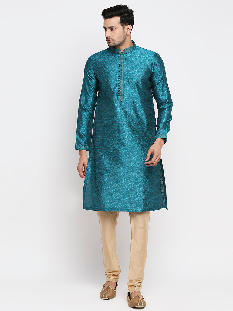 Men's Teal Polyester Embroidered Kurta