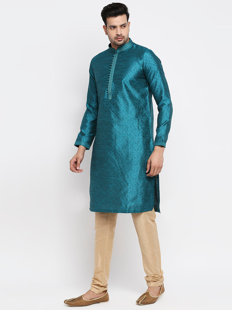 Men's Teal Polyester Embroidered Kurta