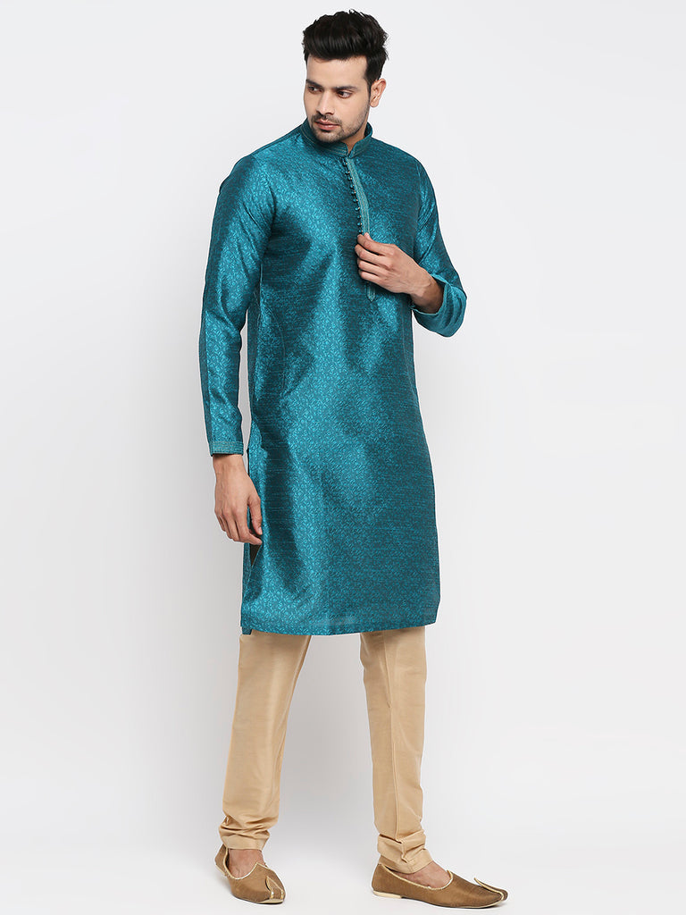 Men's Teal Polyester Embroidered Kurta