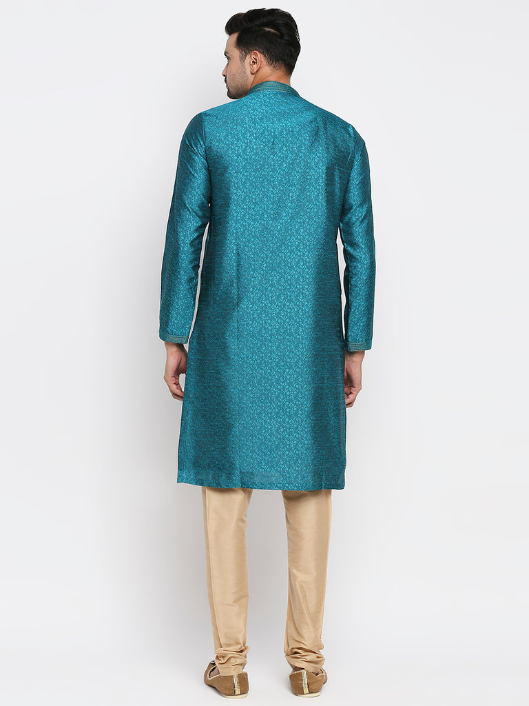 Men's Teal Polyester Embroidered Kurta