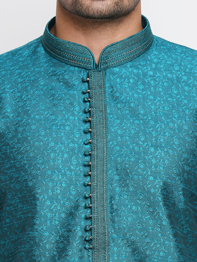 Men's Teal Polyester Embroidered Kurta