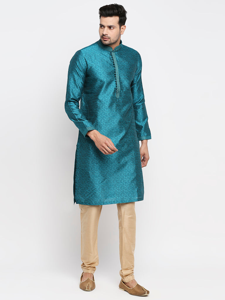Men's Teal Polyester Embroidered Kurta