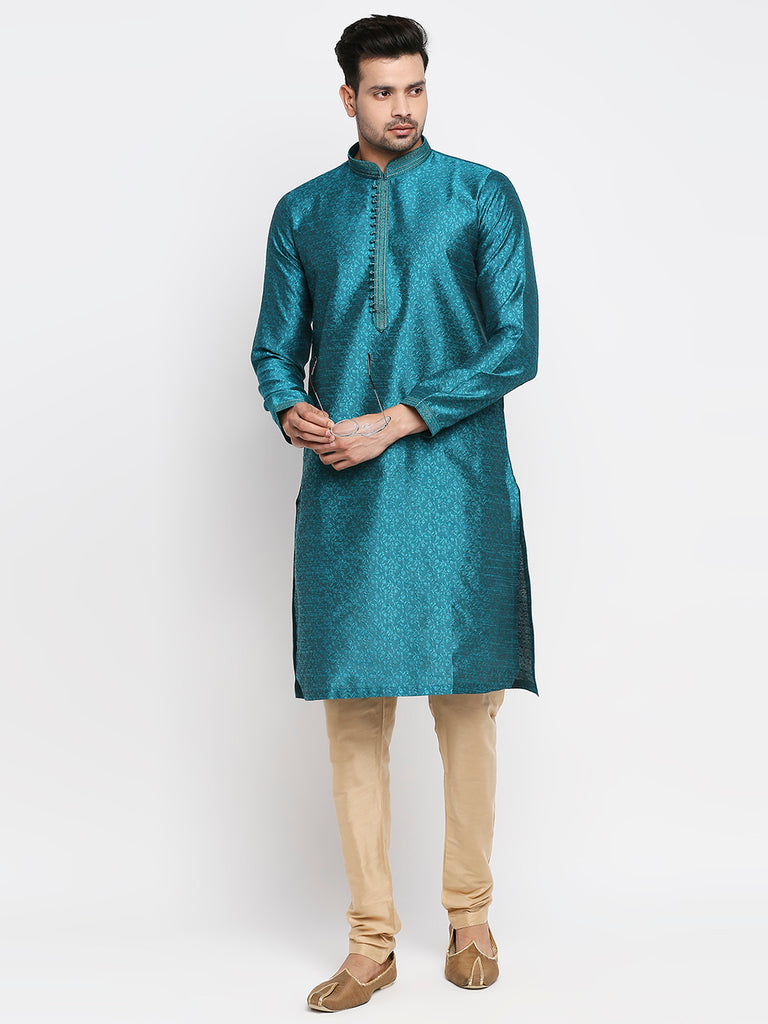 Men's Teal Polyester Embroidered Kurta
