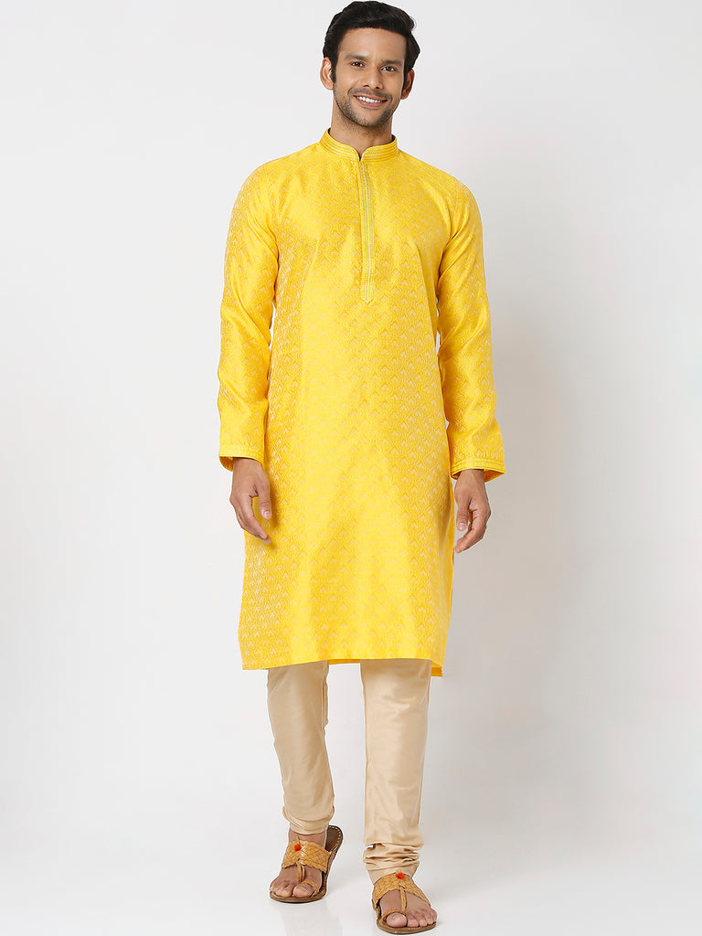 Men's Yellow Polyester Embroidery Kurta