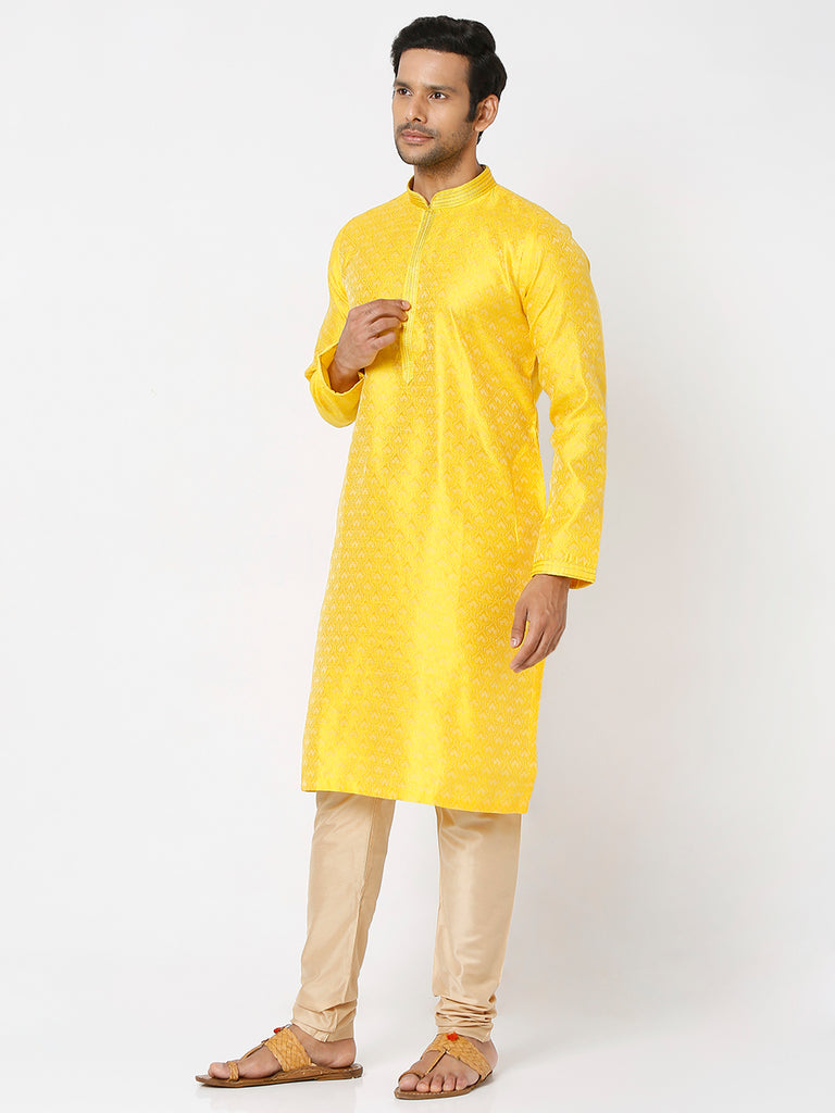 Men's Yellow Polyester Embroidery Kurta