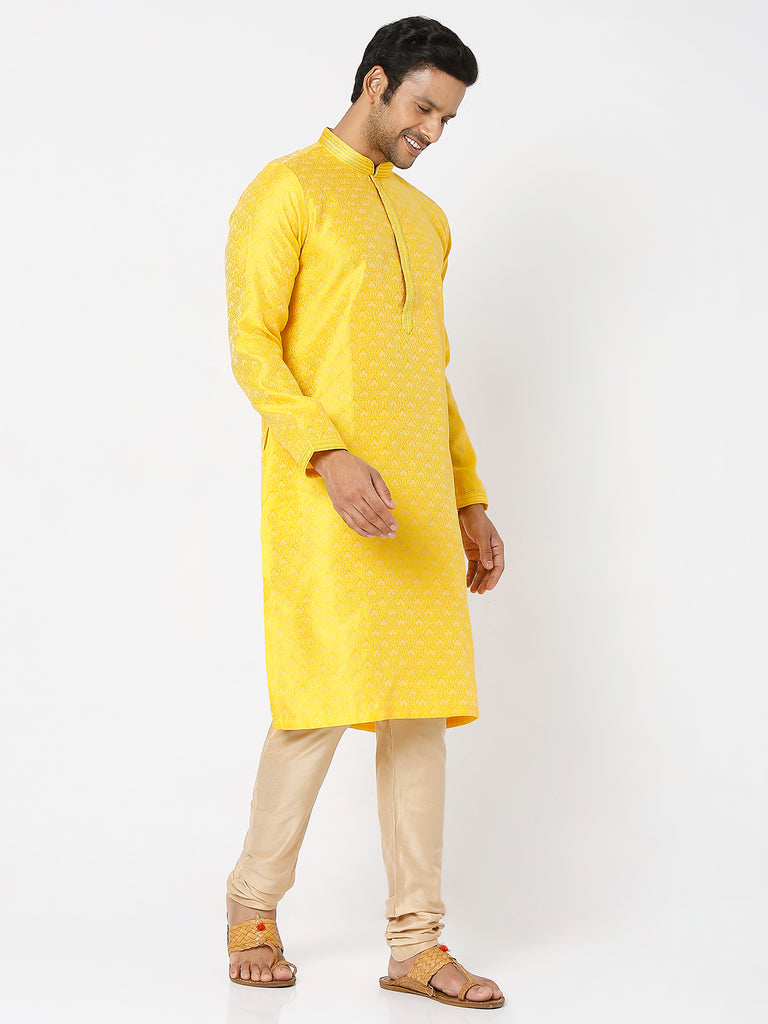 Men's Yellow Polyester Embroidery Kurta