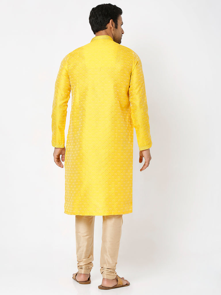 Men's Yellow Polyester Embroidery Kurta