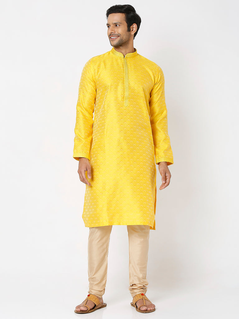 Men's Yellow Polyester Embroidery Kurta