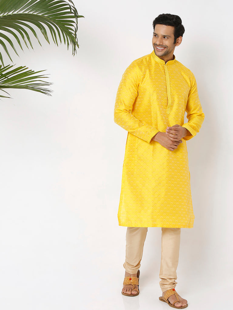 Men's Yellow Polyester Embroidery Kurta