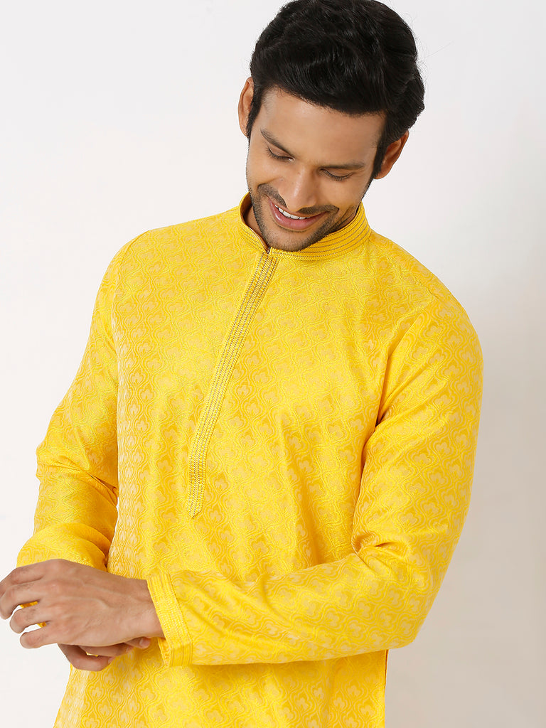 Men's Yellow Polyester Embroidery Kurta