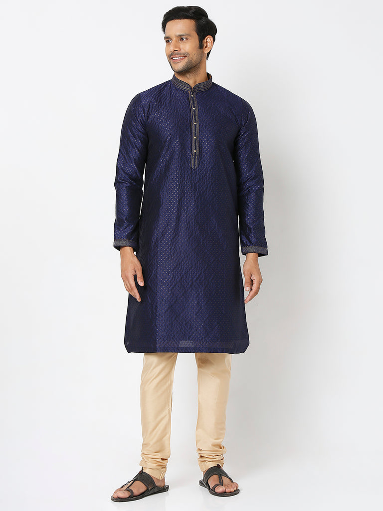 Men's Navy Polyester Embroidery Kurta
