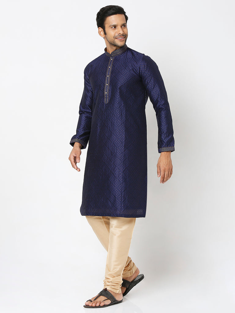 Men's Navy Polyester Embroidery Kurta